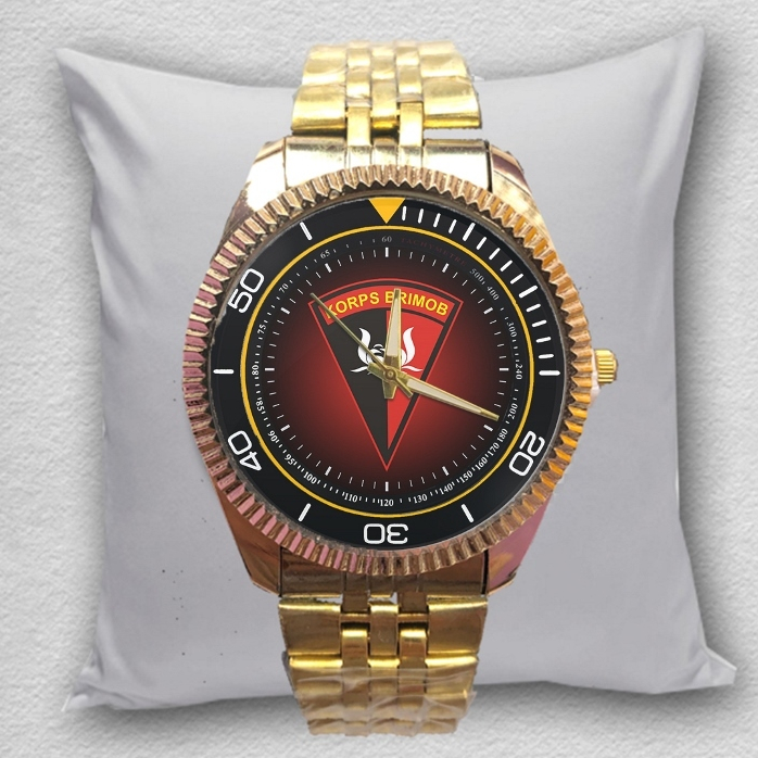 Jam Tangan Pria KORPS BRIMOB POLISI Warna GOLD EMAS Custom Keren Terbaru 01