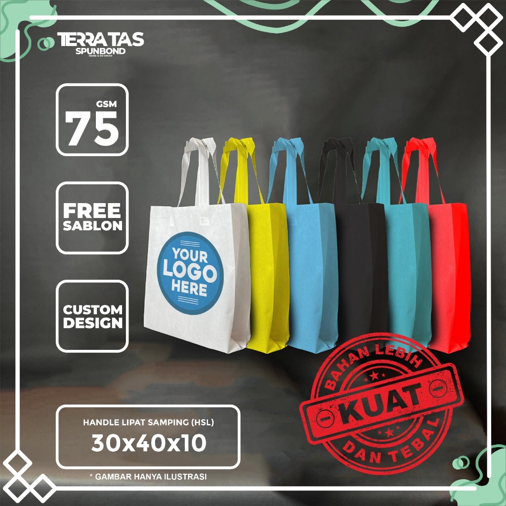 

Custom Sablon 75 GSM 30x40x10 Kantong Belanja Souvernir Goodie Bag Kain Spunbond Souvenir Hampers