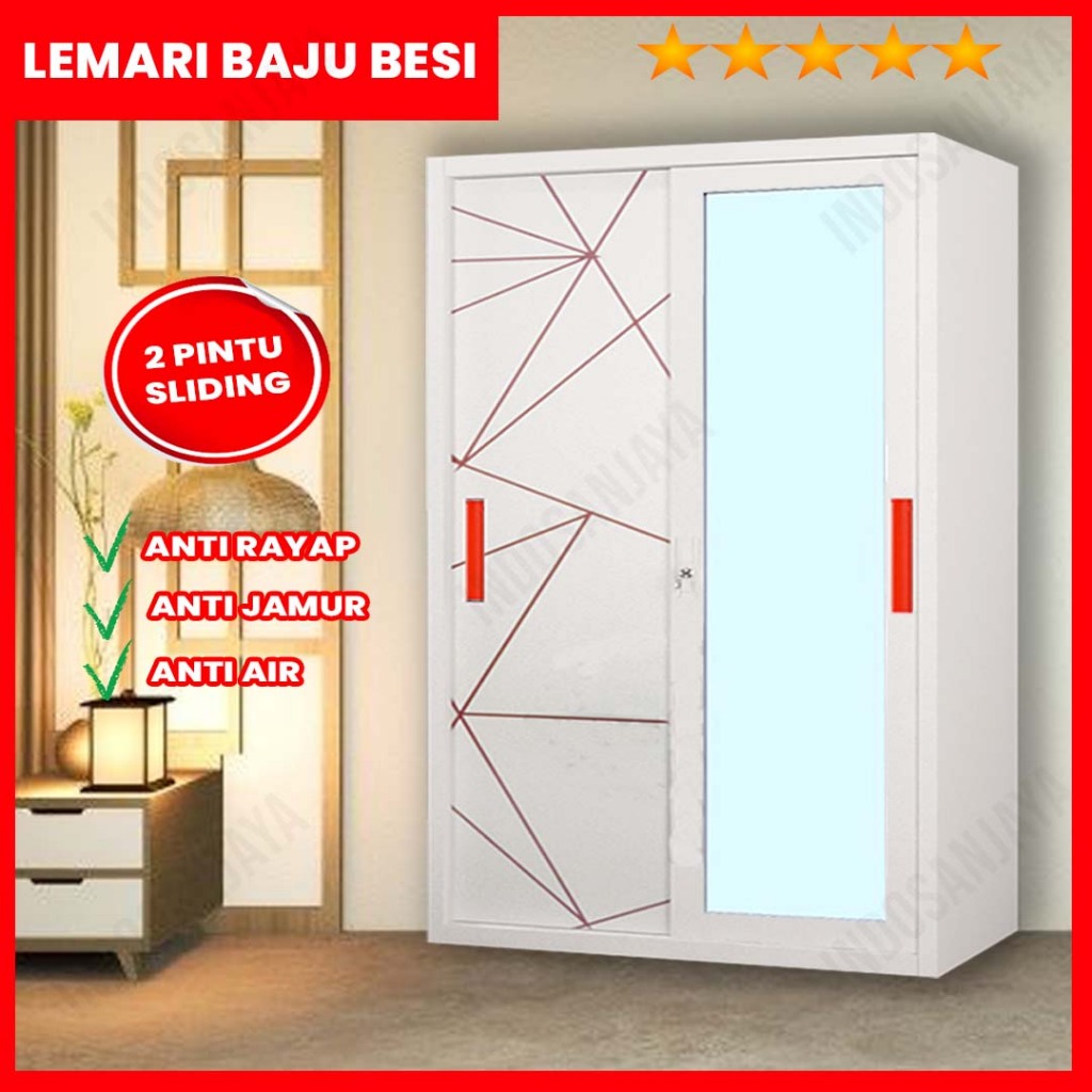 Lemari Pakaian Besi 2 Pintu Sliding Jumbo Full Kaca