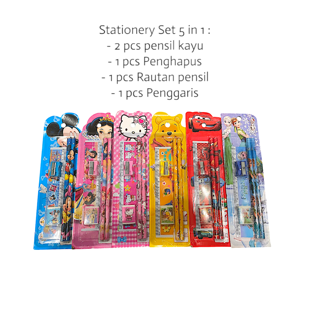 

Stationery Set 5 in 1 Motif Alat Tulis Paket Anak Sekolah Motif Alat Tulis Paket Anak Sekolah Penghapus penggaris Pensil Serutan Karakter Lucu / Stationery Set 5 in 1 Karakter Mickey SnowWhite HelloKitty WinnieThePooh Cars Frozen / Souvenir Ultah