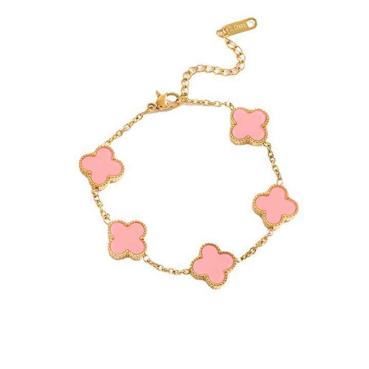 Shine Gelang / Bracelet Sakura Pink Clover Gelang Wanita Unisex Titanium Emas Simple Elegant gelang 