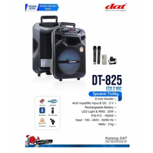 SPEAKER TROLLEY DAT DT 825 / DT825 ECO 2 MIC 8 INCH + 2 MIC WIRELESS