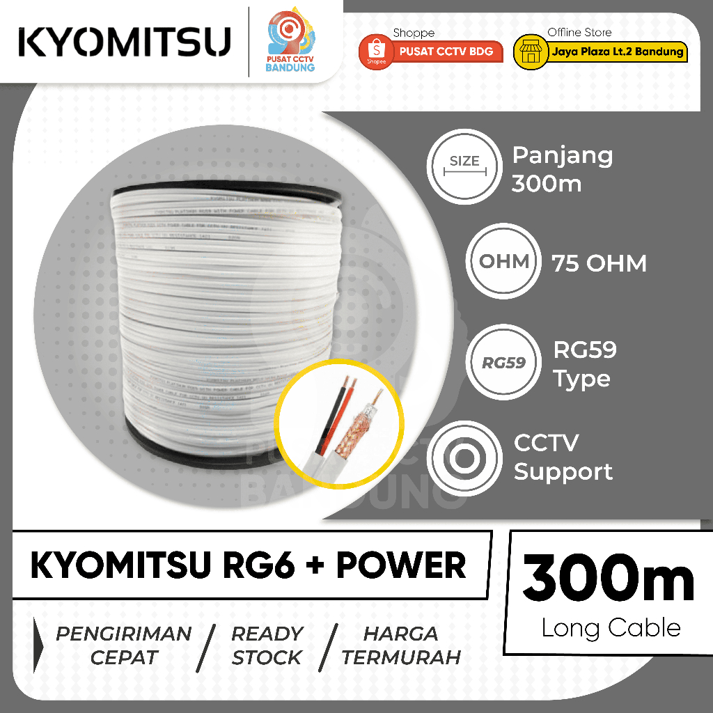 Kabel CCTV 300M Kyomitsu RG6 Plus Power Putih Kabel Kamera CCTV Outdoor Coaxial RG6 Untuk DVR CCTV H