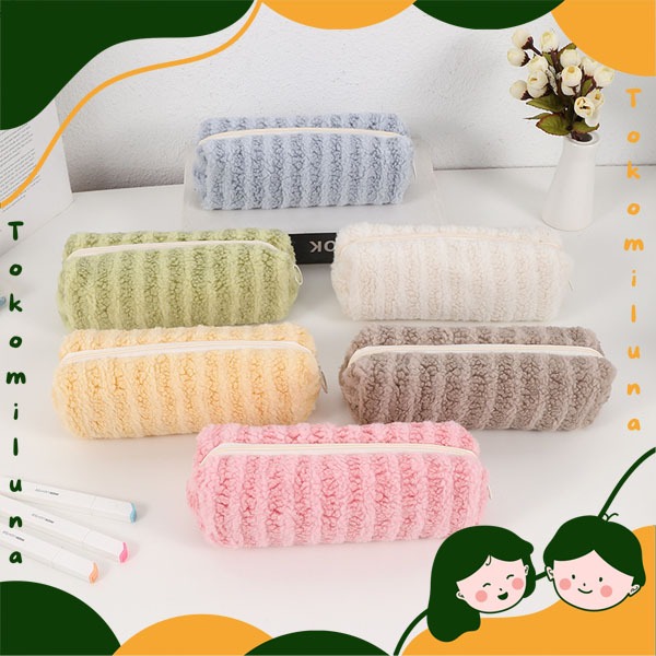 

Kotak pensil bulu two tone stripe tempat pensil gradasi 2 warna lucu minimalis aesthetic HB1867