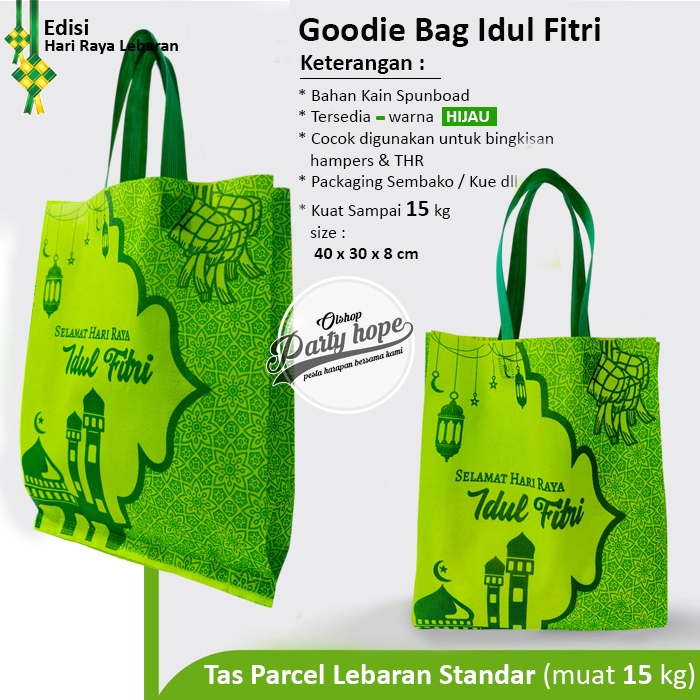 

goodie bag selamat hari raya idul fitri hijau / tas souvenir lebaran spunbond sembako tebal kuat