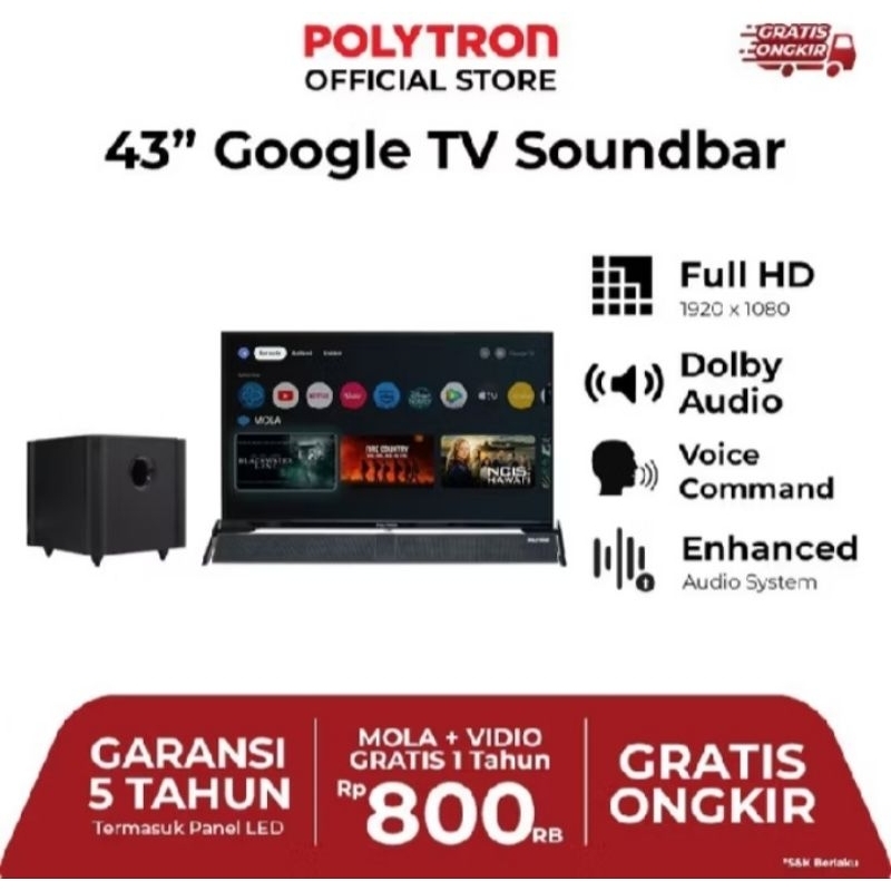 Googel TV Led Polytron 43 inch Smart Cinemax Soundbar POLYTRON PLD-43BG9058