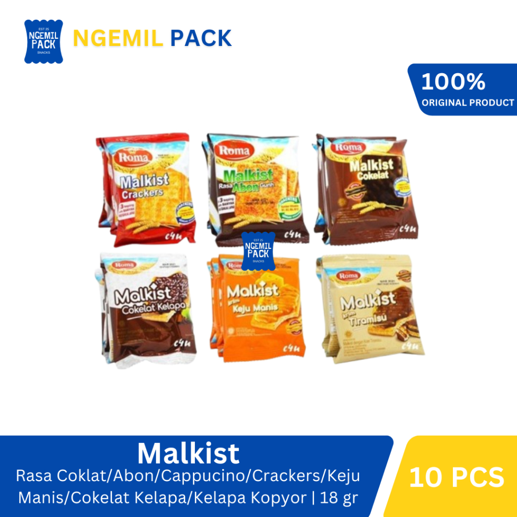 

Roma Malkist Cokelat/Abon/Crackers/Keju Manis/Cokelat Kelapa/Kelapa Kopyor Isi 10pcs @18Gr