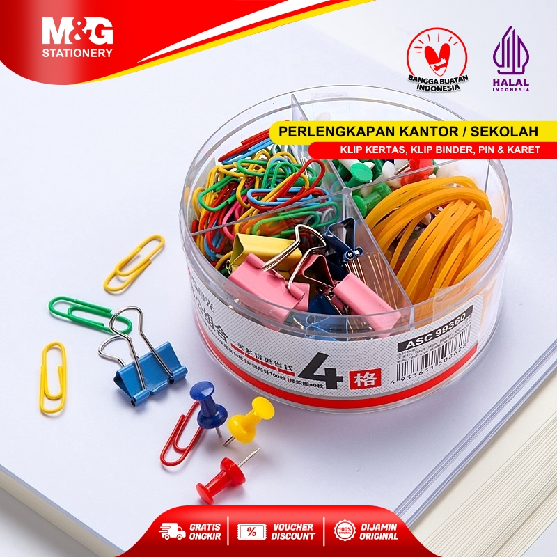 

M&G Perlengkapan Kantor Set Klip / Set Binder Klip Warna Warni (Paku Payung + Binder clip + Paper Clip + Karet Gelang) 4 in 1 Mudah Dalam Satu Tempat