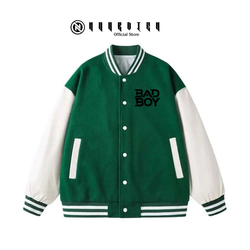 NOORDIEN - Jaket Varsity/Baseball BAD BOY TEXT HITAM Pria-Wanita, Bahan Catton Flace
