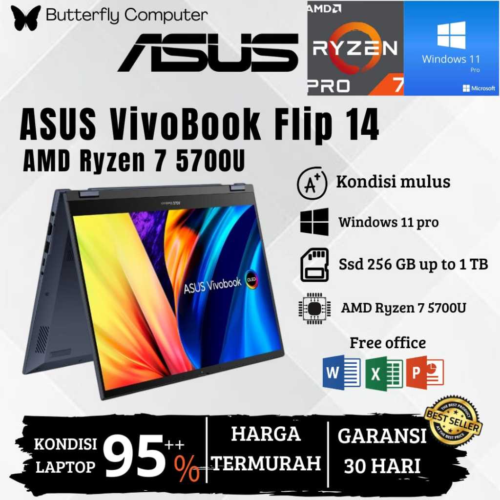 Laptop Asus VivoBook FLIP 14 AMD Ryzen 7 5700u - RAM 16GB SSD 1TB - WIN 11 PRO - 14 INCH - FHD - TOU