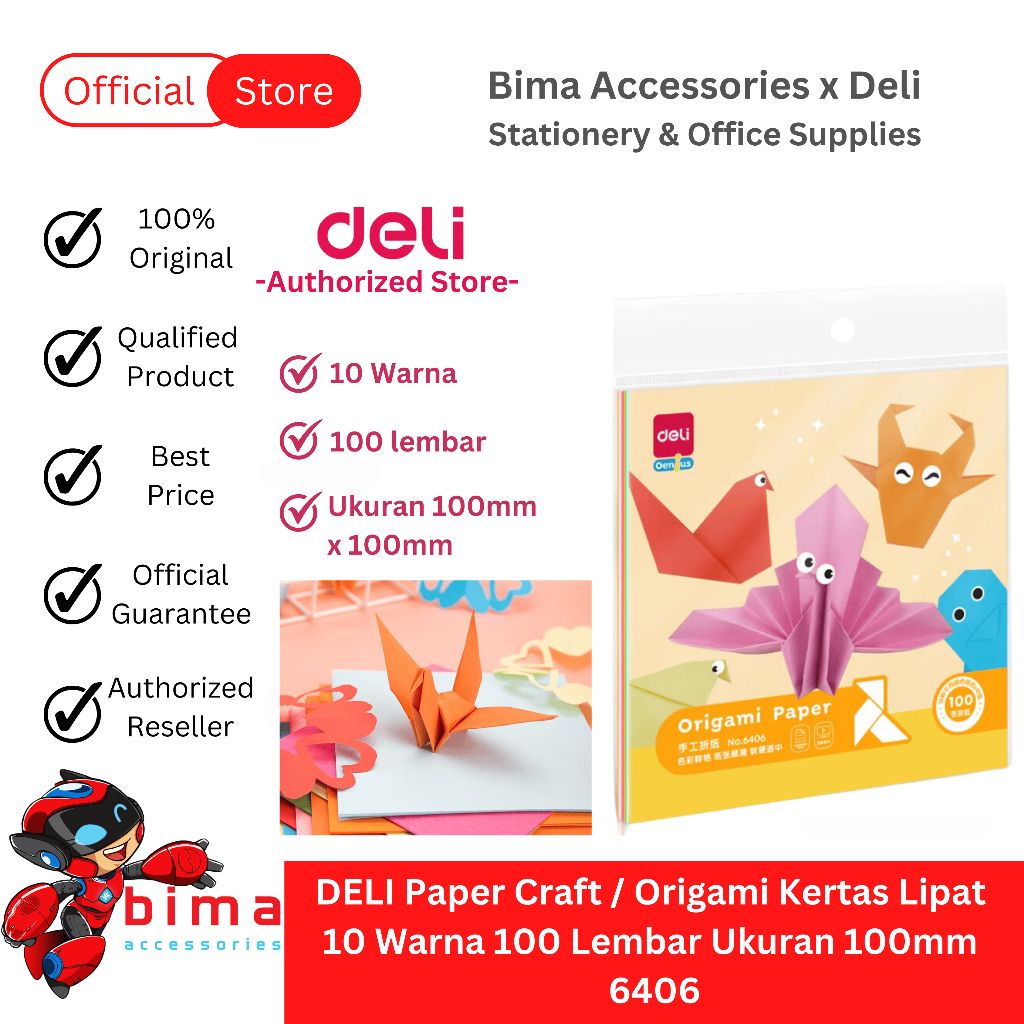 

DELI Kertas Origami Warna Warni Bolak Balik 10 Warna 100 Lembar Ukuran 10 x10 Paper Craft Set 6406