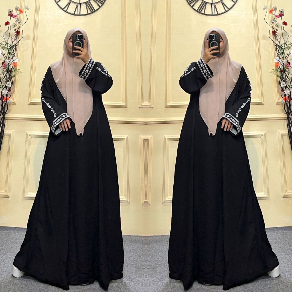 Dress Polos Abaya Bordir Renda Hitam Flowly Gamis Polos Basic Simple Elegant
