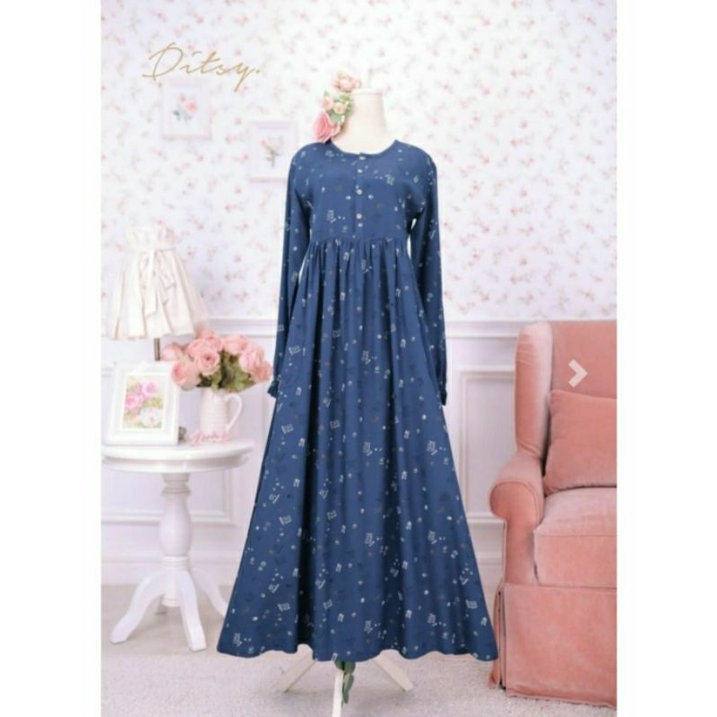 Rhea Navy Ditsy_Ditsy_Gamis Wanita