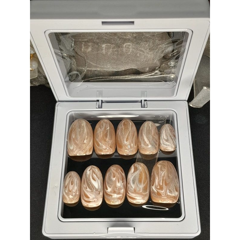 Press On Nails | Kuku Palsu coklat marmer + kotak bening kuku palsu / Kuku Palsu Wedding / Kuku Pals