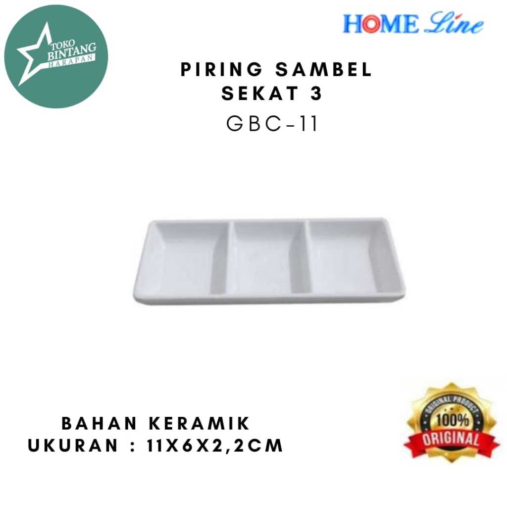 Homeline Piring/Tempat Sambal Kecap Saus Bumbu Keramik Kotak 3 Sekat GBC-11