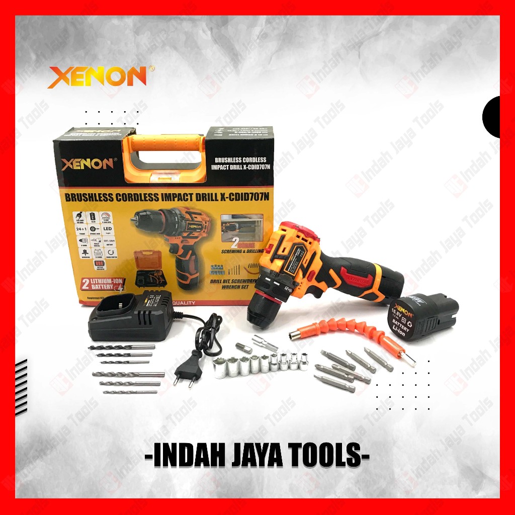 XENON CDID707N Cordless Bor Beton 16.8V Baterai Impact Drill Besi Kayu Brushless Screwdriver