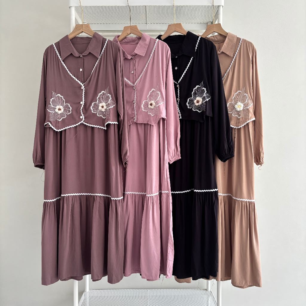 MELATI Midi Rayon Twill Busui Motif Bunga Bordir Gamis Rayon Diamond LD 100