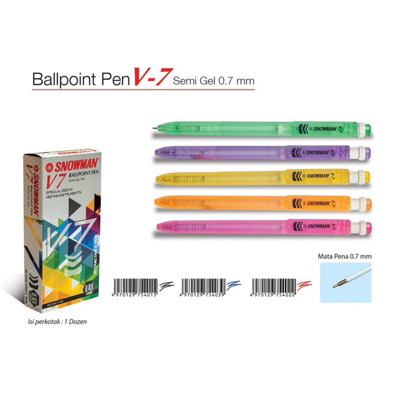 

Agen Atk Surabaya / Bolpoint serba guna dengan beberapa pilihan warna yang menarik /BALLPOINT SNOWMAN V7 SEMI GEL 0.7mm
