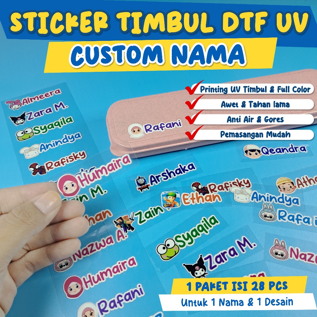 

STICKER TIMBUL DTF UV CUSTOM NAMA / STIKER NAMA KARAKTER TAHAN AIR & TAHAN LAMA / LABEL NAMA ANAK