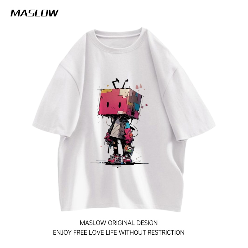 Maslow Kaos lengan pendek pria atasan kaos putih cetaken  Mr Box Kartun baru oversize pria kaos cowo