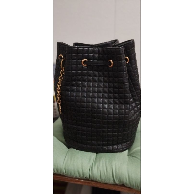 Preloved C*line Small C Charm Bucket Bag Quilted Calfskin Black