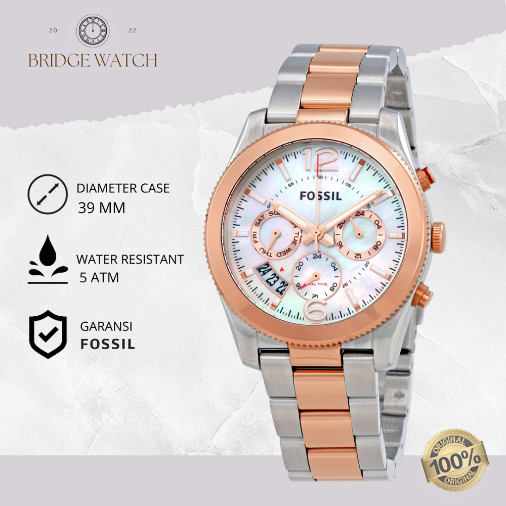 Jam Tangan Wanita Fossil ES4135 Original Chronograph Ladies Mother Of Pearl Perfect Boyfriend Analog