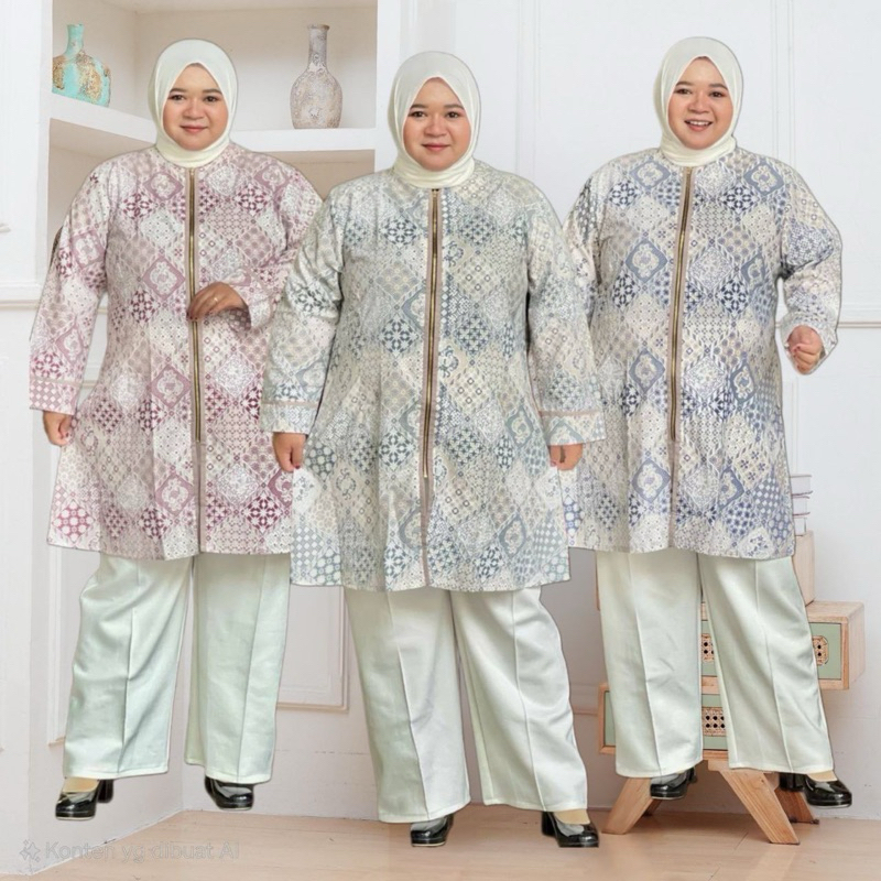TUNIK BATIK JUMBO RESLETING DEPAN ZIPPER JAKET UKURAN M L XL XXL 3L 4L 5L 6L Katun Muslim Atasan Wan