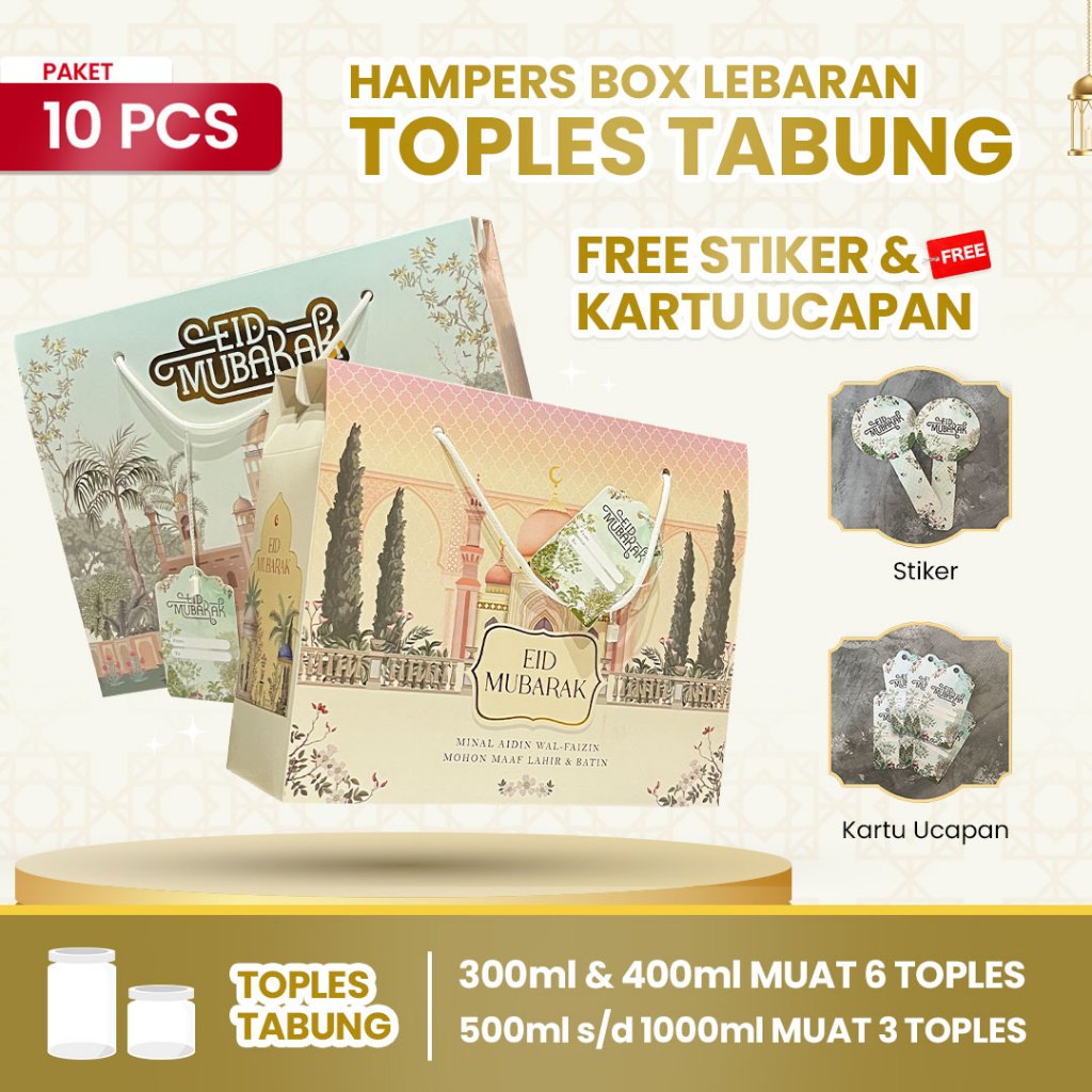 

10pcs Gable Box kotak hampers Lebaran idul fitri Tali jinjing/Box Hampers besar toples tabung Kue Kering Idul Fitri / estetik finishing foil (Paket 10pcs) muat toples tabung (300ml, 400ml : 6 toples) atau (500ml, 600ml, 750ml, 800ml dan 1000ml : 3 toples)