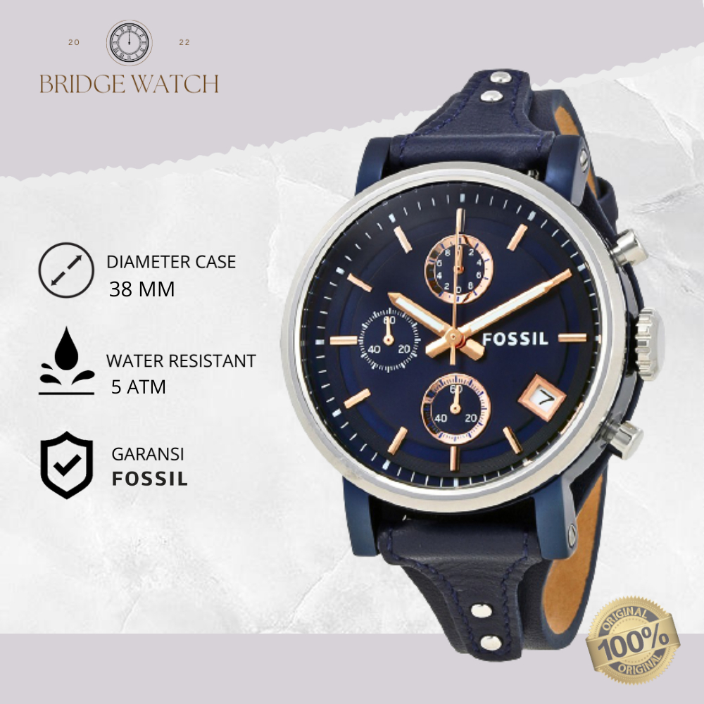 Jam Tangan Wanita Fossil ES4113 Chronograph Analog Navy Leather Boyfriend Strap Kulit Cewek Water Re
