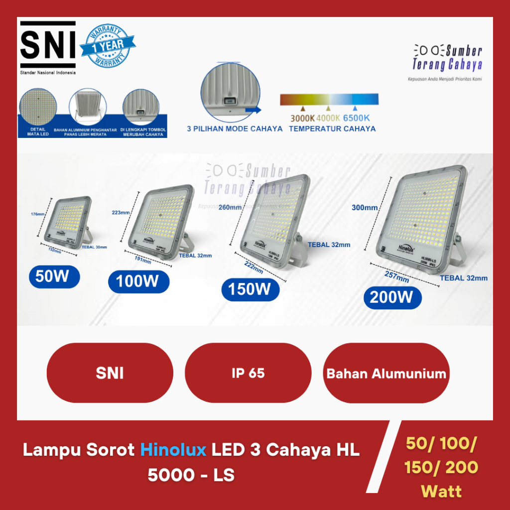 Lampu Sorot Hinolux LED 3 Cahaya HL 5000 - LS 50/ 100/ 150/ 200 Watt