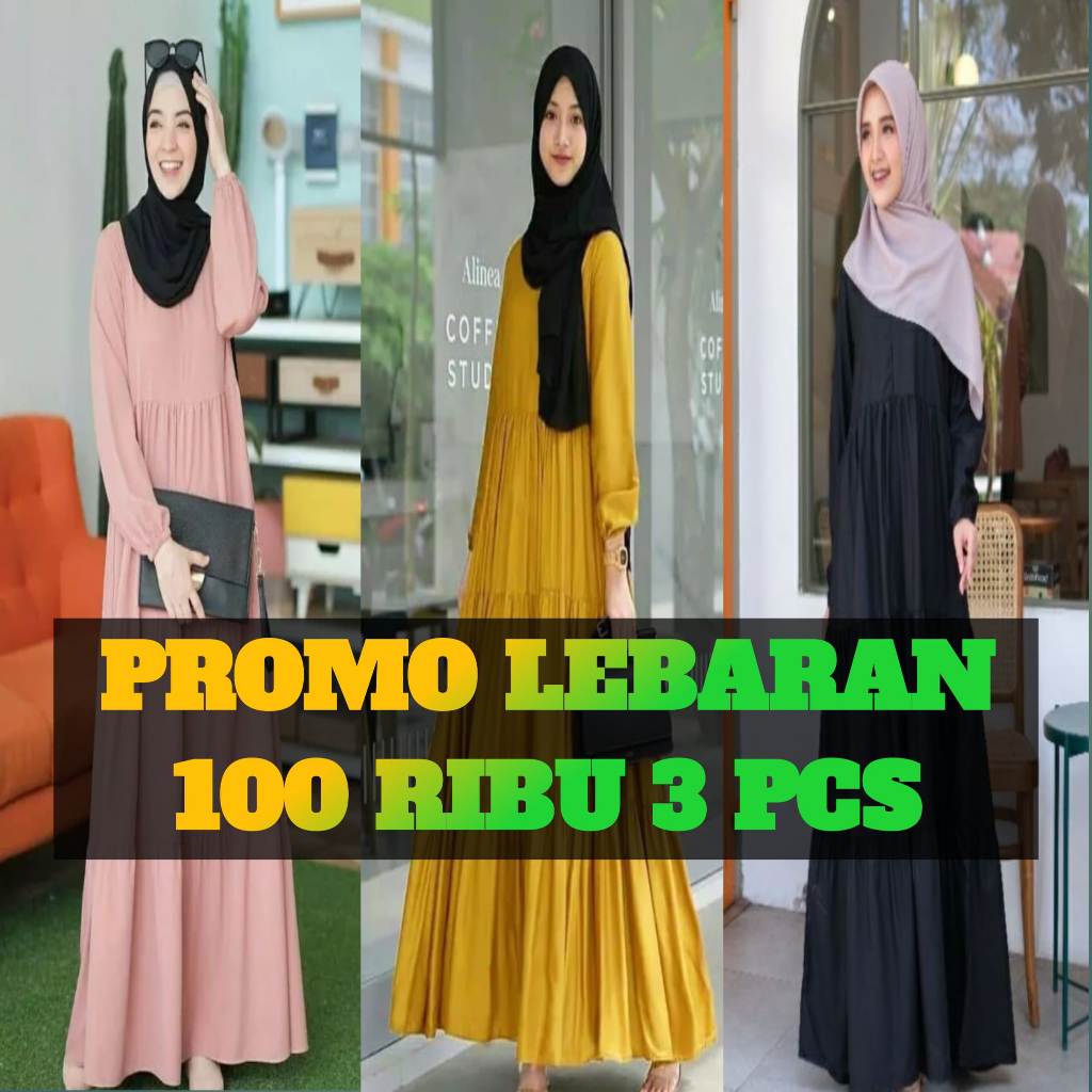 PROMO LEBARAN 100 RIBU 3 PCS GAMIS POLOS PREMIUM GAMIS SUSUN TERBARU BISA COD