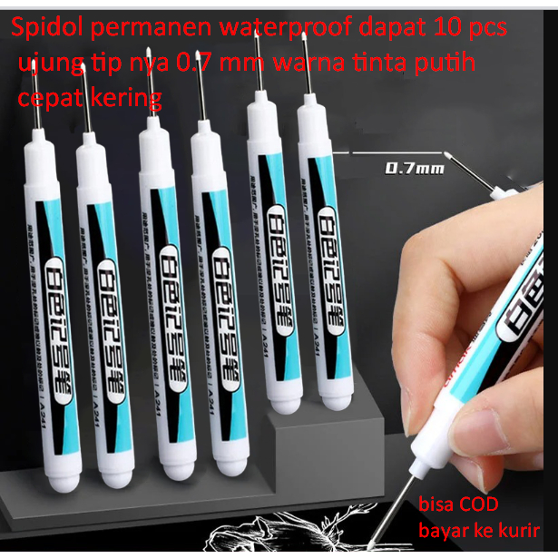 

Spidol permanen waterproof dapat 10 pcs ujung tip nya 0.7 mm warna tinta putih cepat kering