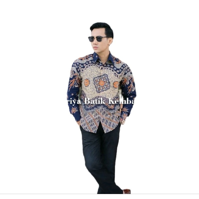 BAJU BATIK PRIA LENGAN PANJANG SLIMFIT MOTIF PARANG BIRU BAHAN KATUN PREMIUM LAPISAN FUL FURING