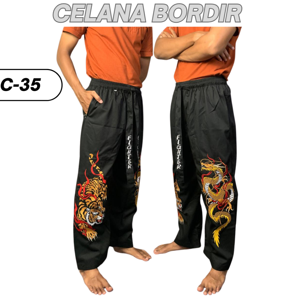 Celana Pakaian Silat Bordir Komprang C-35 Hitam Tebal Sakral Beladiri Murah Jumbo Panjang Kombor