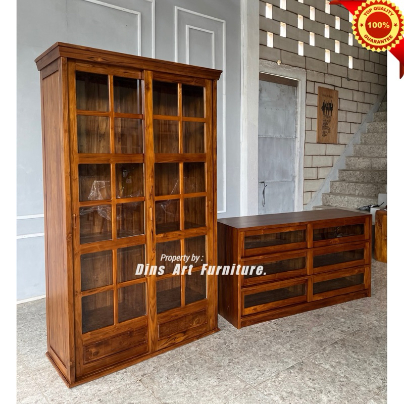 set Lemari Pajangan dan Bufet Tv - Meja Tv Minimalis - Lemari Minimalis Pintu Kaca