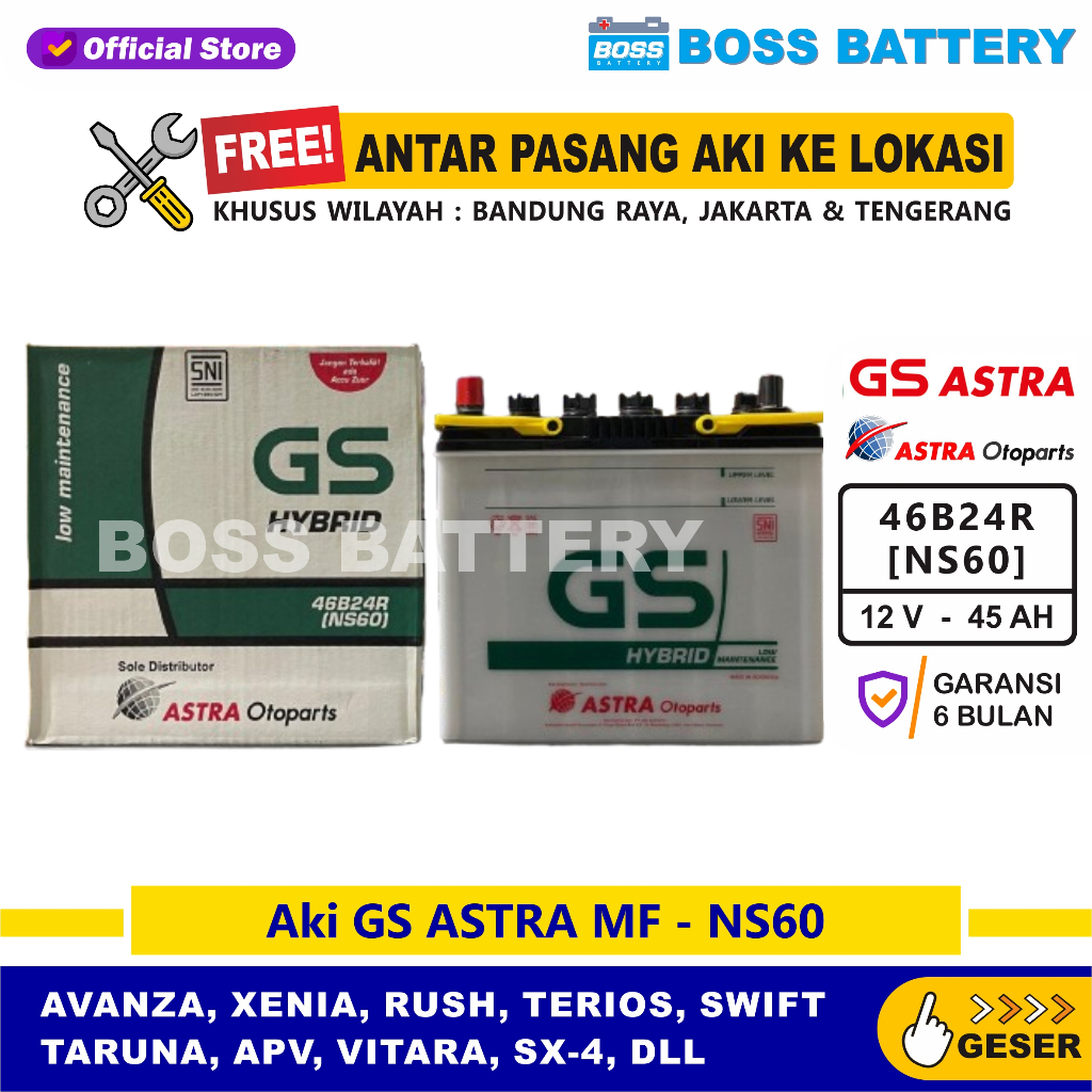 Aki GS HYBRID NS60 - 45 Amper, Aki GS ORIGINAL ASTRA OTOPARTS