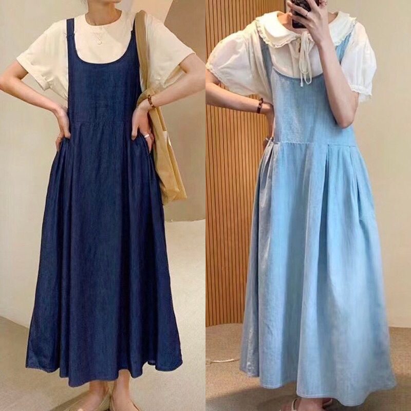 OVERALL DRESS SOFT JEANS BIRU TUA MUDA PITA BELAKANG KOREA