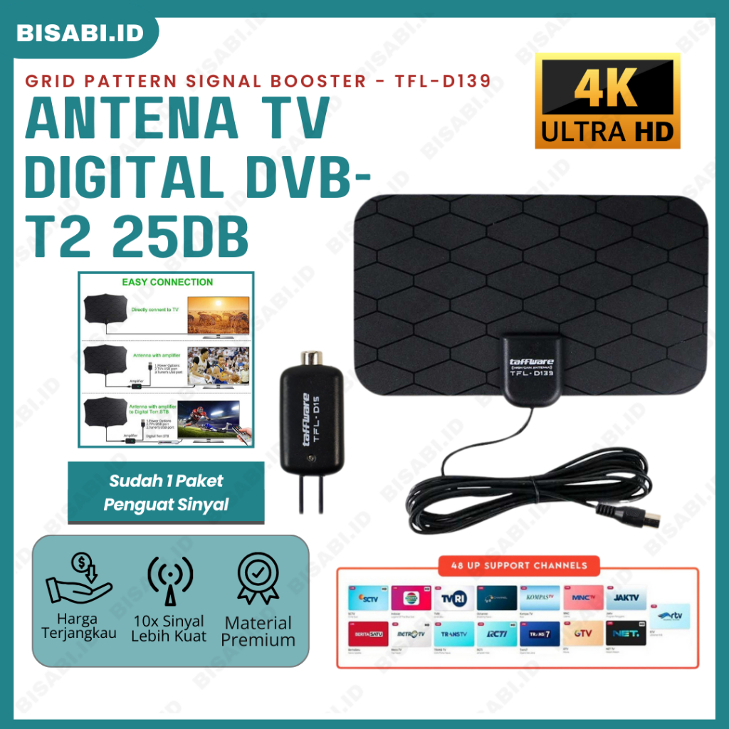 TAFFWARE Antena TV Digital + Booster Penguat Sinyal Set Top Box STB Tabung TFL-D139 - Black