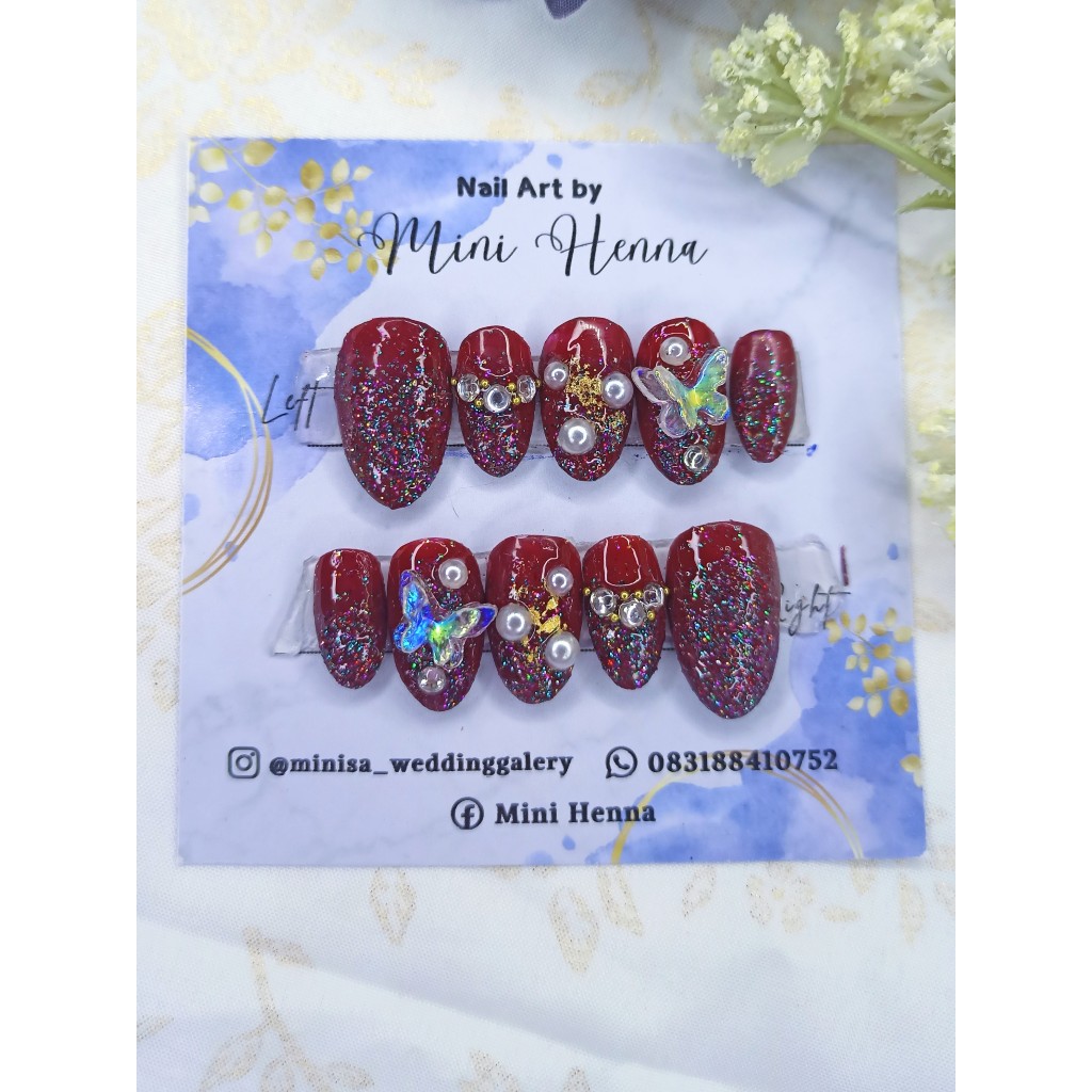 Kuku palsu wedding merah maroon/free lem gel/kuku handmade/kupal wedding/gratis lem gel