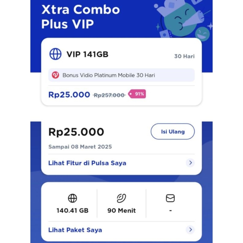 XL Xtra Combo Plus VIP 90% paket sudah aktif