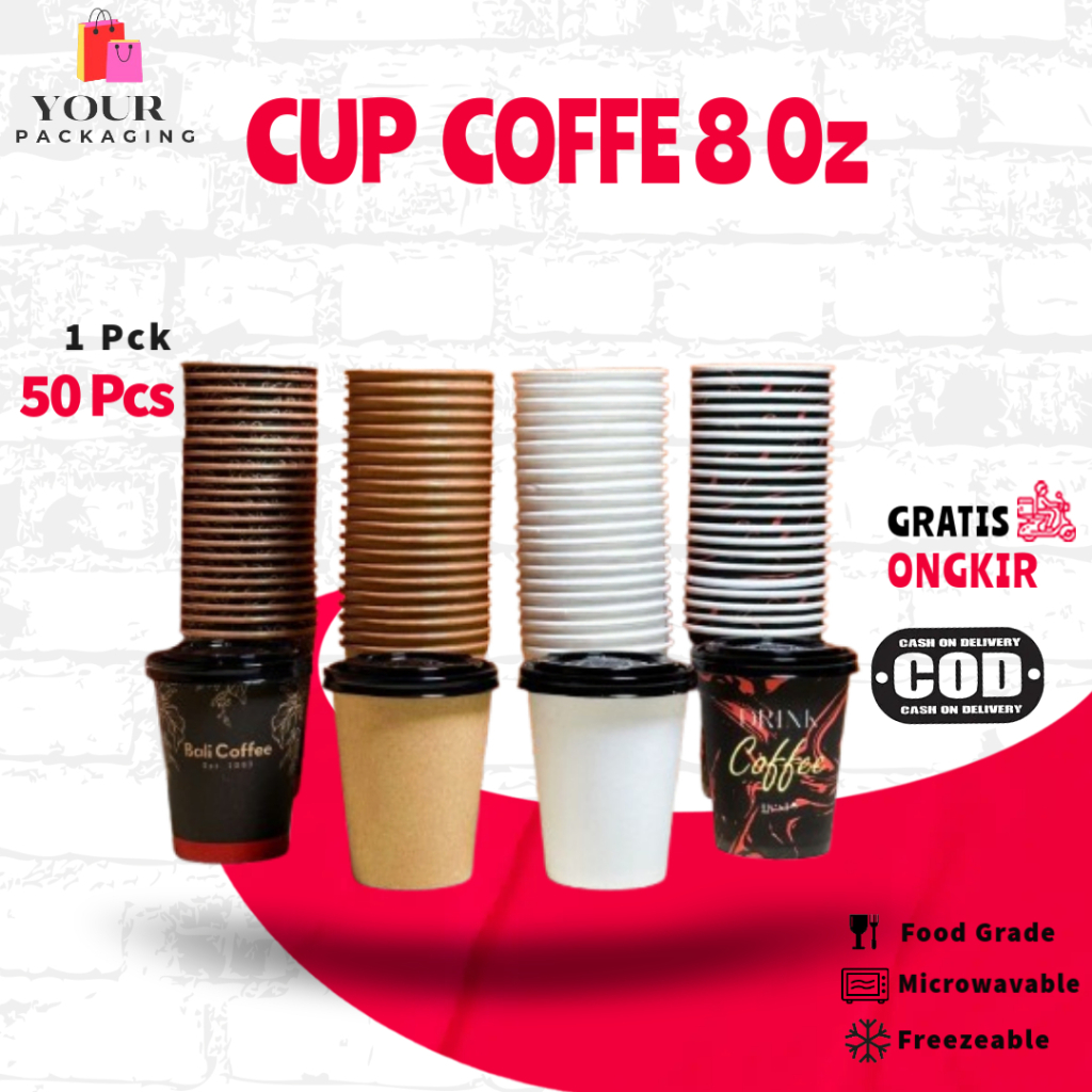 Paper Cup Gelas Kopi 8 Oz Tahan Panas Teh Susu Milo Putih Coklat Isi 50Pcs your packaging cup coffee