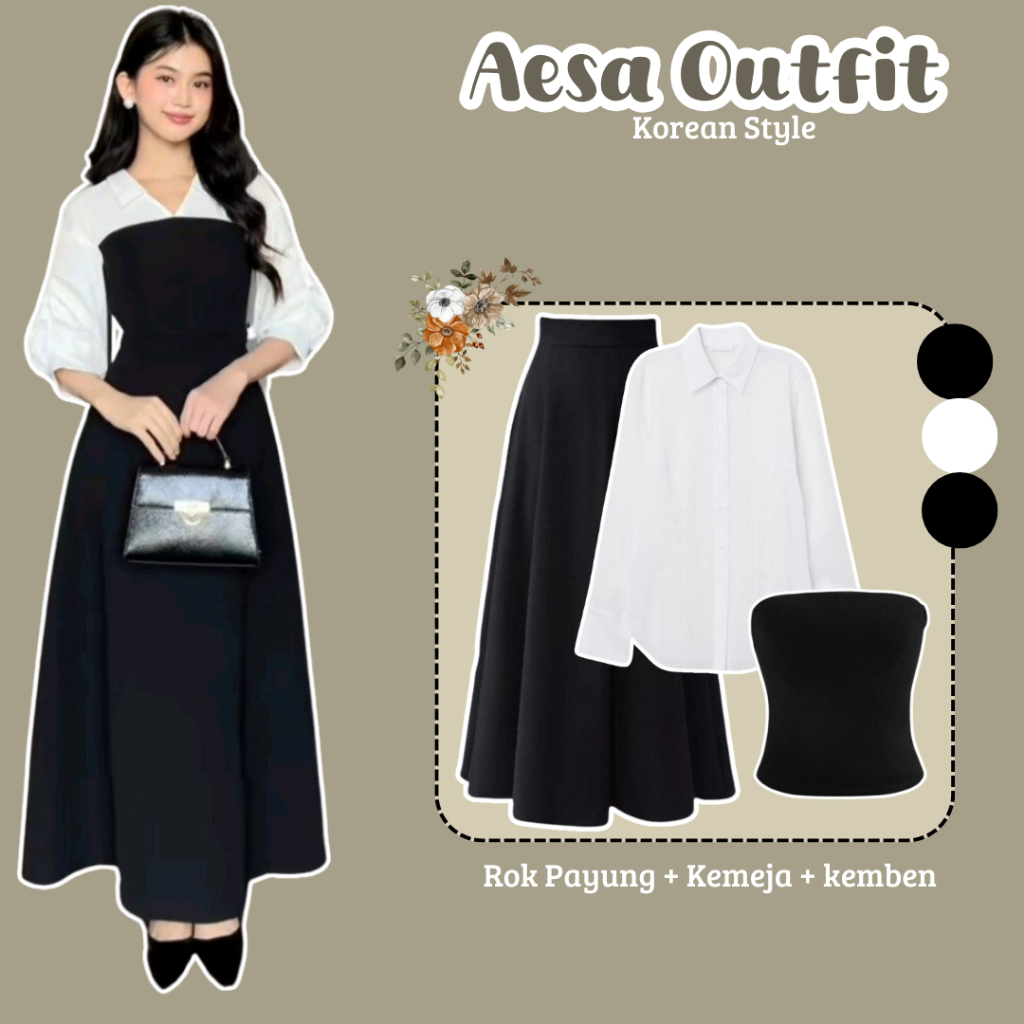 Setelan Wanita Kemeja Rok Payung Kemben One Set Korean Style Fashion Kekinian