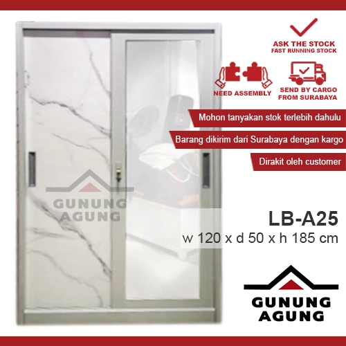 Lemari Baju Besi Putih Minimalis Motif Marmer 2 Pintu Sliding LB-A25 / Lemari Pakaian Geser 120