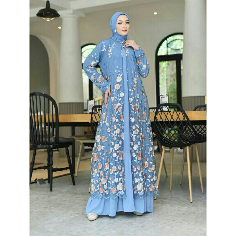 HAURA Gamis Lebaran Outer Cerutty Babydoll Mewah Elegan Kekinian Pesta Seragam Wanita Syari Modern