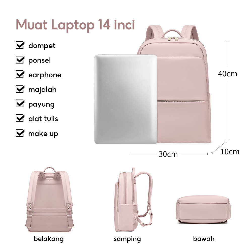 premium full design kinsley tas ransel wanita laptop 14 inci minimalis anti air, desain slim
