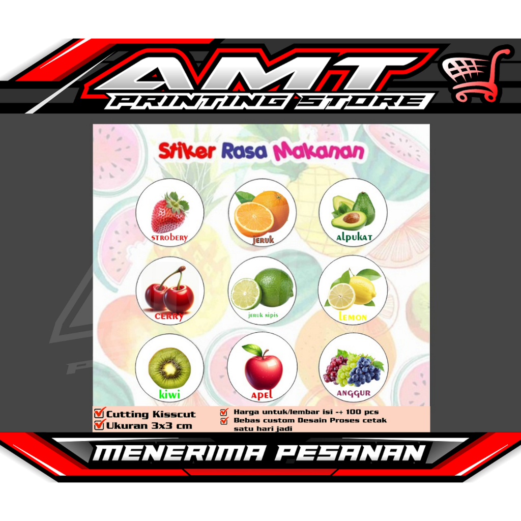 

Stiker Label Rasa Buah - Bahan cromo Ukuran 3x3 Cm - bisa Request Bebas
