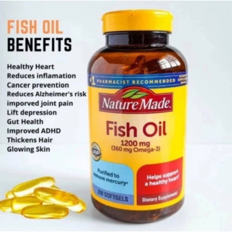 Nature made fish oil 1200 mg omega 3 200 sofgels.