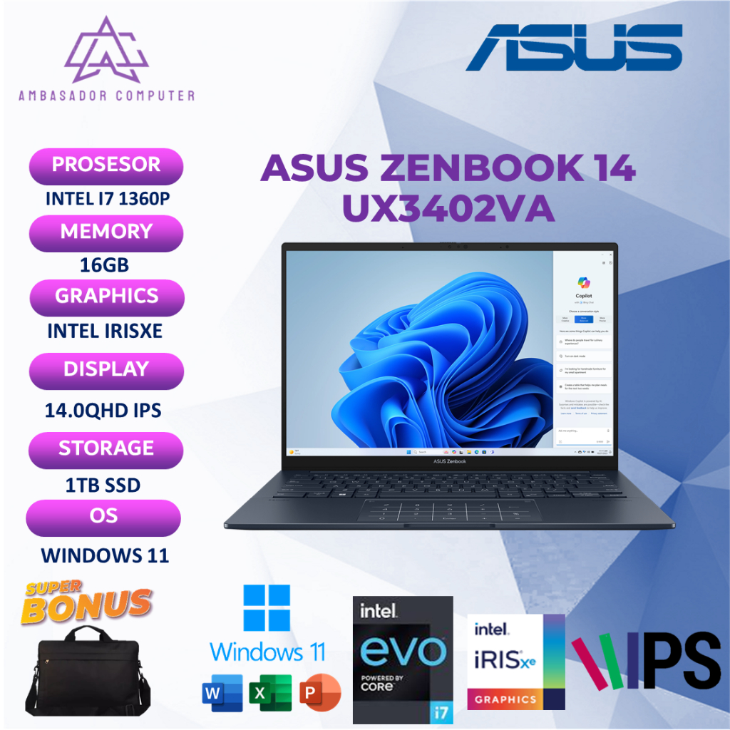 Asus zenbook 14 ux3402va intel I7 1360p ram16gb 1tbssd layar 14.0qhd ips