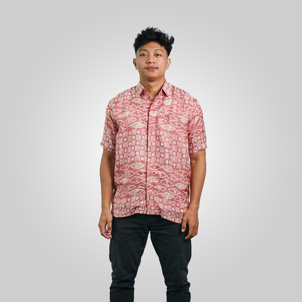 BATIK TRUSMI Kemjea Viscose Batik Pria Atasan Pria Batik Motif Mega Mendung BLT Warna Salem