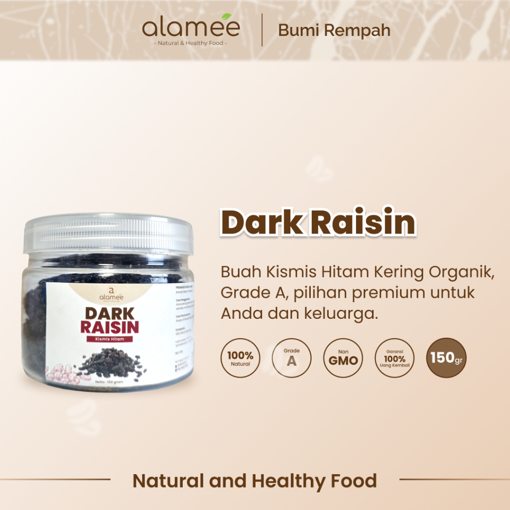 

ALAMEE Dark Raisin Cemilan Buah Sehat Kismis Hitam Manis Dried Fruit Black Raisin PREMIUM 150gr